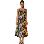 Mid Century Retro Floral 1970s 1960s Pattern 57 Square Neckline Tiered Midi Dress