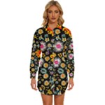 Mid Century Retro Floral 1970s 1960s Pattern 57 Womens Long Sleeve Shirt Dress