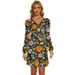 Mid Century Retro Floral 1970s 1960s Pattern 57 Long Sleeve Waist Tie Ruffle Velvet Dress
