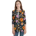 Mid Century Retro Floral 1970s 1960s Pattern 57 Women s Zip Front V-Neck 3/4 Sleeve Casual Top Pocket Shirt
