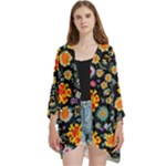 Mid Century Retro Floral 1970s 1960s Pattern 57 Open Front 3/4 Sleeve Batwing Chiffon Cardigan Kimono