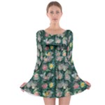 Mid Century Retro Floral 1970s 1960s Pattern 62 Long Sleeve Skater Dress