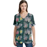 Mid Century Retro Floral 1970s 1960s Pattern 62 V-Neck Split Shoulder Casual T-Shirt