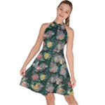 Mid Century Retro Floral 1970s 1960s Pattern 62 Sleeveless Halter Neck A-Line Dress