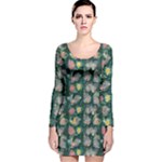 Mid Century Retro Floral 1970s 1960s Pattern 62 Long Sleeve Velvet Bodycon Dress
