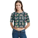 Mid Century Retro Floral 1970s 1960s Pattern 62 Women s Round Neck Short Sleeve Crop Top