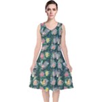 Mid Century Retro Floral 1970s 1960s Pattern 62 V-Neck Midi Sleeveless Dress 