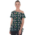 Mid Century Retro Floral 1970s 1960s Pattern 62 Off Shoulder Tie-Up T-Shirt