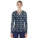 Mid Century Retro Floral 1970s 1960s Pattern 62 V-Neck Long Sleeve Top