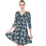 Mid Century Retro Floral 1970s 1960s Pattern 62 Quarter Sleeve Front Wrap Dress