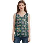 Mid Century Retro Floral 1970s 1960s Pattern 62 Women s V-Neck Sleeveless Satin Top