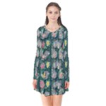 Mid Century Retro Floral 1970s 1960s Pattern 62 Long Sleeve V-neck Flare Dress