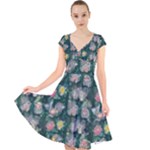 Mid Century Retro Floral 1970s 1960s Pattern 62 Cap Sleeve Front Wrap Midi Dress