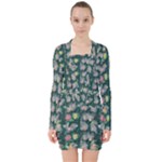 Mid Century Retro Floral 1970s 1960s Pattern 62 V-neck Bodycon Long Sleeve Dress
