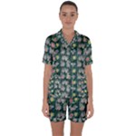 Mid Century Retro Floral 1970s 1960s Pattern 62 Satin Short Sleeve Pajamas Set
