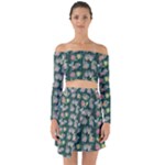 Mid Century Retro Floral 1970s 1960s Pattern 62 Off Shoulder Top with Skirt Set