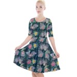 Mid Century Retro Floral 1970s 1960s Pattern 62 Quarter Sleeve A-Line Dress