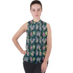 Mid Century Retro Floral 1970s 1960s Pattern 62 Mock Neck Chiffon Sleeveless Top