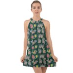 Mid Century Retro Floral 1970s 1960s Pattern 62 Halter Tie Back Chiffon Dress