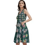 Mid Century Retro Floral 1970s 1960s Pattern 62 Sleeveless V-Neck Skater Dress with Pockets
