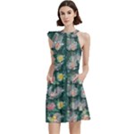 Mid Century Retro Floral 1970s 1960s Pattern 62 Cocktail Party Halter Sleeveless Dress With Pockets