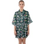 Mid Century Retro Floral 1970s 1960s Pattern 62 Half Sleeve Satin Kimono 