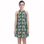 Mid Century Retro Floral 1970s 1960s Pattern 62 Velvet Halter Neckline Dress 