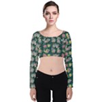 Mid Century Retro Floral 1970s 1960s Pattern 62 Velvet Long Sleeve Crop Top