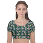Mid Century Retro Floral 1970s 1960s Pattern 62 Velvet Short Sleeve Crop Top 