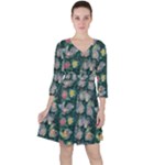 Mid Century Retro Floral 1970s 1960s Pattern 62 Quarter Sleeve Ruffle Waist Dress