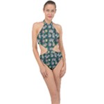 Mid Century Retro Floral 1970s 1960s Pattern 62 Halter Side Cut Swimsuit