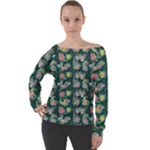 Mid Century Retro Floral 1970s 1960s Pattern 62 Off Shoulder Long Sleeve Velour Top