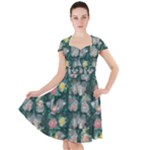Mid Century Retro Floral 1970s 1960s Pattern 62 Cap Sleeve Midi Dress