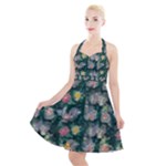 Mid Century Retro Floral 1970s 1960s Pattern 62 Halter Party Swing Dress 