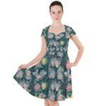 Mid Century Retro Floral 1970s 1960s Pattern 62 Cap Sleeve Midi Dress With Pockets