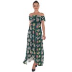Mid Century Retro Floral 1970s 1960s Pattern 62 Off Shoulder Open Front Chiffon Dress