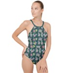 Mid Century Retro Floral 1970s 1960s Pattern 62 High Neck One Piece Swimsuit