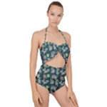 Mid Century Retro Floral 1970s 1960s Pattern 62 Scallop Top Cut Out Swimsuit