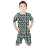 Mid Century Retro Floral 1970s 1960s Pattern 62 Kids  T-Shirt and Shorts Set