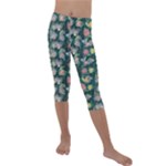 Mid Century Retro Floral 1970s 1960s Pattern 62 Kids  Lightweight Velour Capri Leggings 