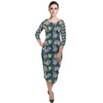 Mid Century Retro Floral 1970s 1960s Pattern 62 Quarter Sleeve Midi Velour Bodycon Dress