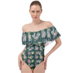 Mid Century Retro Floral 1970s 1960s Pattern 62 Off Shoulder Velour Bodysuit 