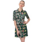 Mid Century Retro Floral 1970s 1960s Pattern 62 Belted Shirt Dress
