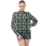 Mid Century Retro Floral 1970s 1960s Pattern 62 High Neck Long Sleeve Chiffon Top
