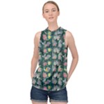 Mid Century Retro Floral 1970s 1960s Pattern 62 High Neck Satin Top