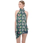 Mid Century Retro Floral 1970s 1960s Pattern 62 Halter Asymmetric Satin Top