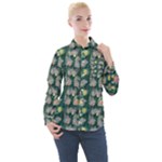 Mid Century Retro Floral 1970s 1960s Pattern 62 Women s Long Sleeve Pocket Shirt