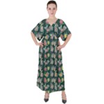 Mid Century Retro Floral 1970s 1960s Pattern 62 V-Neck Boho Style Maxi Dress