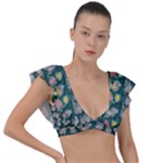 Mid Century Retro Floral 1970s 1960s Pattern 62 Plunge Frill Sleeve Bikini Top