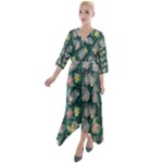 Mid Century Retro Floral 1970s 1960s Pattern 62 Quarter Sleeve Wrap Front Maxi Dress